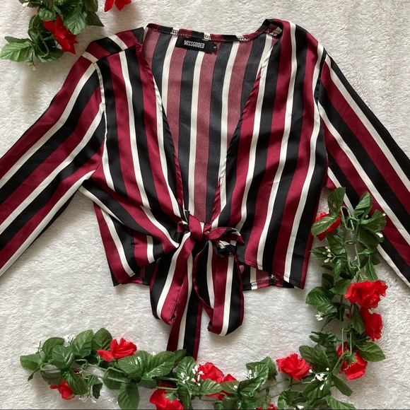 Missguided Maroon Striped Cropped Wrap Long Sleeve - Picture 1 of 7